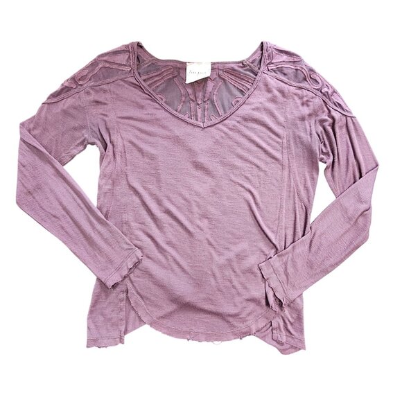 Free People Mauve Long Sleeve Mesh Back Top Embroidered Details size S - Picture 1 of 15